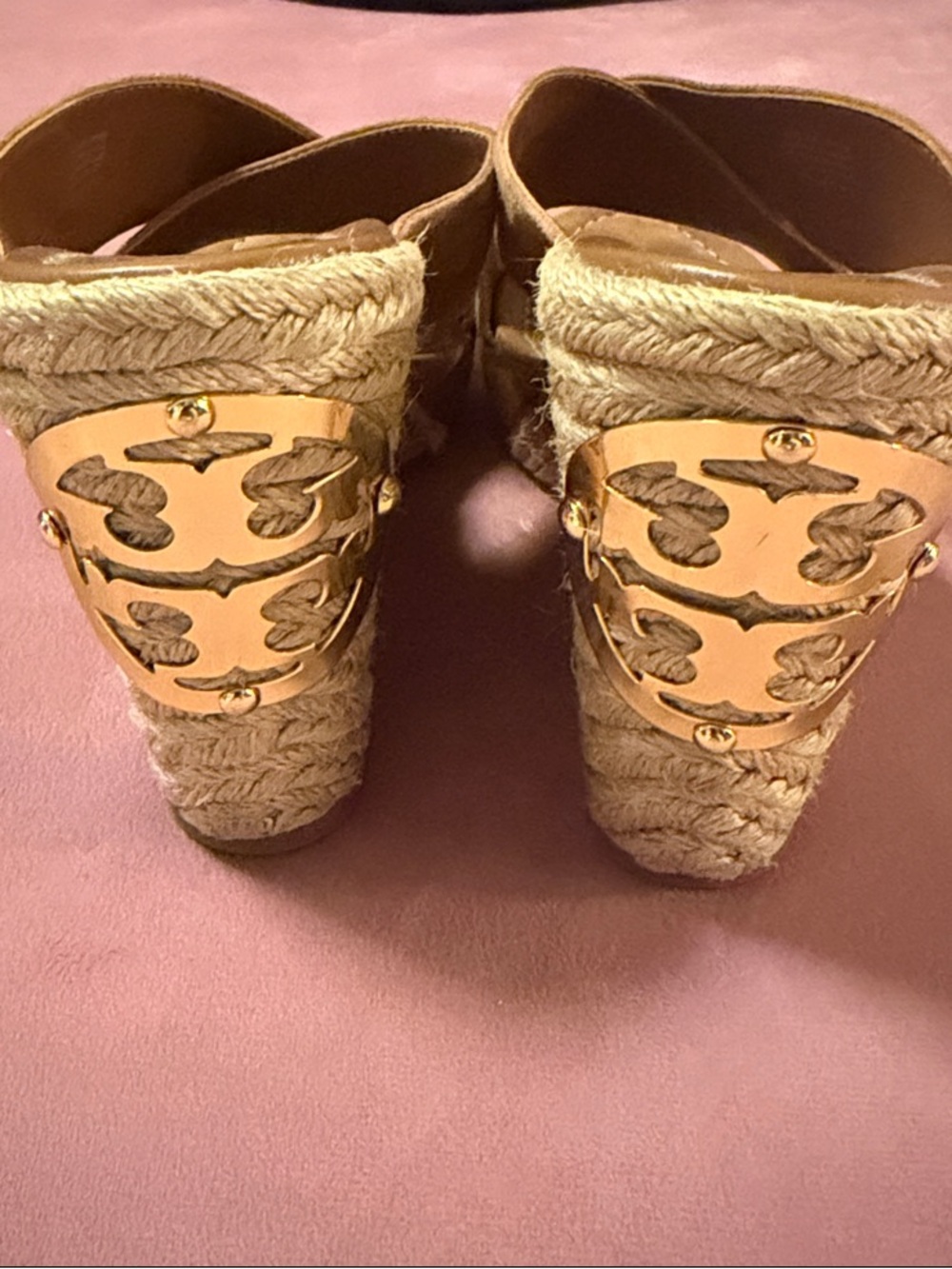 Tory Burch Braided Espadrille Wedge Mules with Gold Logo Plaque